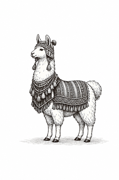 Ilustración elegante de llama andina con vestimenta tradicional peruana en estilo vintage minimalista