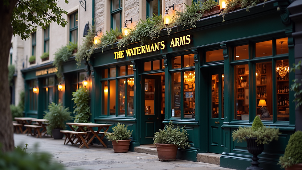 Eye-level view of The Waterman's Arms exterior with outdoor seating