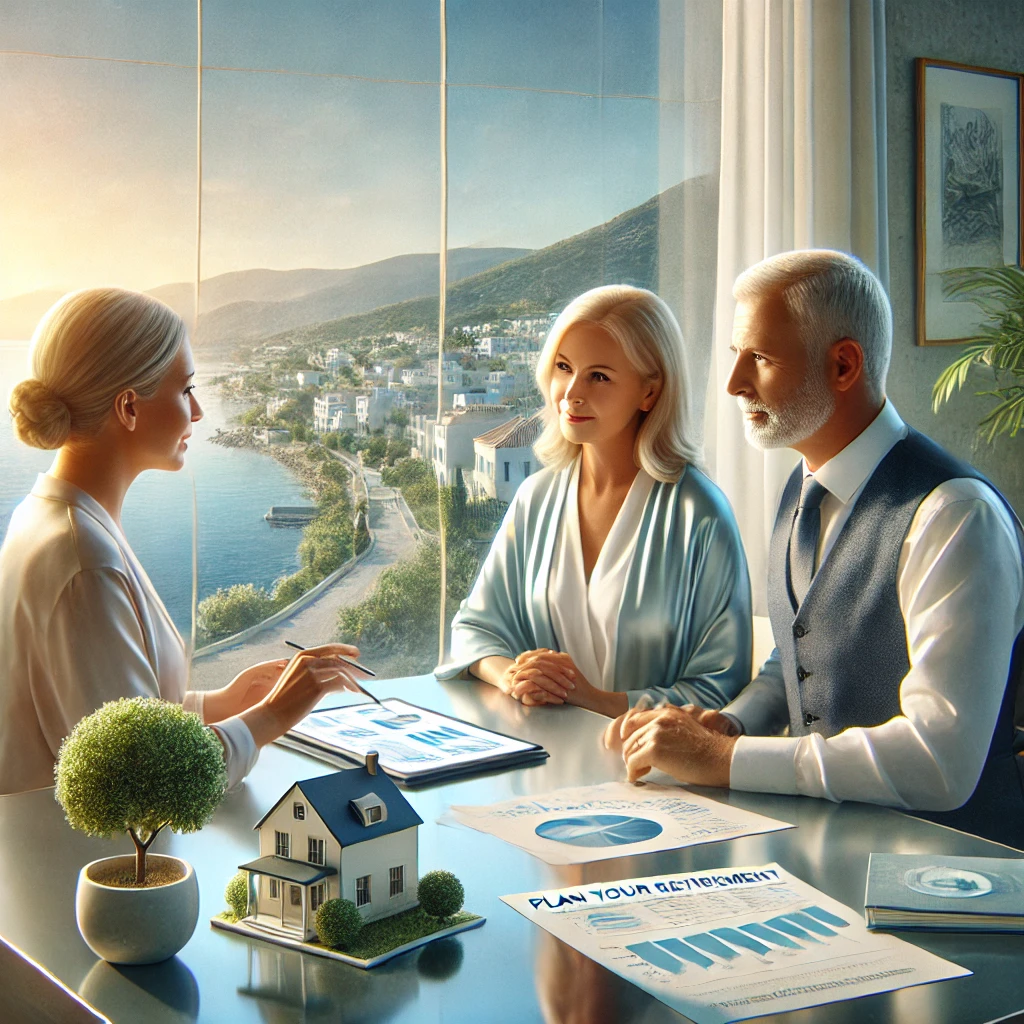 Une conseillère financière discute de stratégies de retraite personnalisées avec un couple d'âge intermédiaire. La scène se déroule sur la Côte d'Azur, avec la mer Méditerranée et des yachts visibles en arrière-plan. La conseillère utilise une tablette ou des documents papier pour présenter des outils de planification. L'ambiance est professionnelle et rassurante, soulignant la personnalisation des services de retraite.