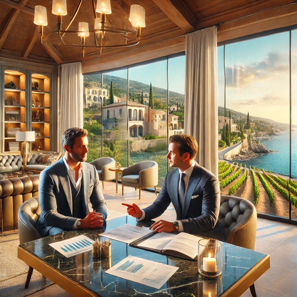 Un investisseur non-résident, confiant et engagé, est guidé par un conseiller financier dans un bureau luxueux avec vue sur la Méditerranée en Provence Côte d'Azur, symbolisant des investissements de prestige dans la région.