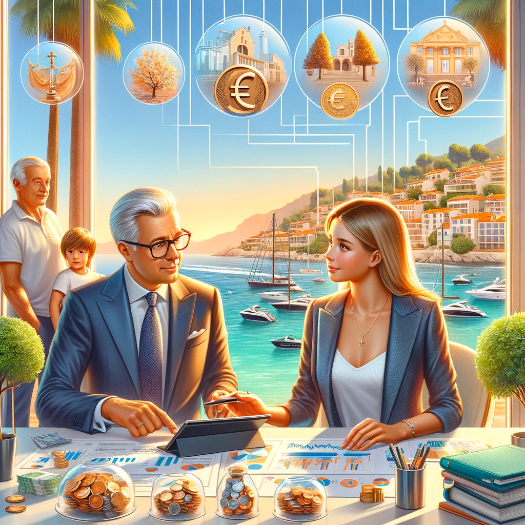 Une scène professionnelle et futuriste où une conseillère financière utilise un affichage pour discuter de stratégies de retraite personnalisées avec une cliente. La scène se déroule sur la Côte d'Azur, avec la mer Méditerranée et des yachts visibles en arrière-plan. Les symboles de planification de la retraite, comme un calendrier et des indicateurs de croissance financière à long terme, sont présents, renforçant l'idée de stratégies sur mesure pour la retraite.