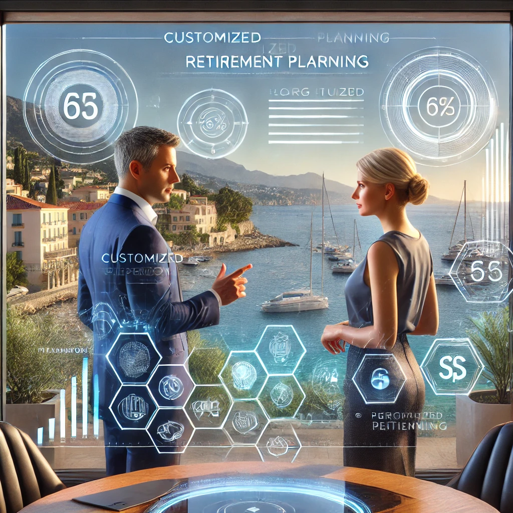 Une scène professionnelle futuriste où un conseiller financier discute avec une cliente des services de planification de retraite personnalisée. Ils utilisent un affichage holographique pour visualiser des diagrammes structurés et des outils de planification. La scène se déroule sur la Côte d'Azur, avec la Méditerranée et des yachts de luxe visibles à travers la fenêtre, symbolisant sophistication et personnalisation dans la gestion de la retraite.