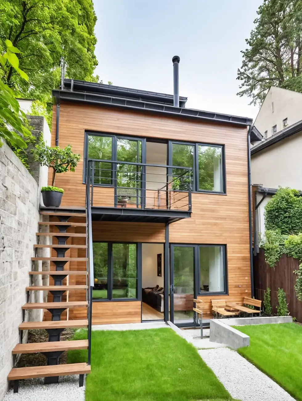 Escalier extérieur sur mesure en acier et balcon filant en bois de mélèze à Arcueil.