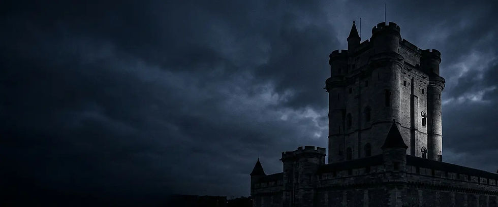 Donjon du Château de Vincennes photographié de nuit sous un ciel d'orage, tourelles d'angle éclairées