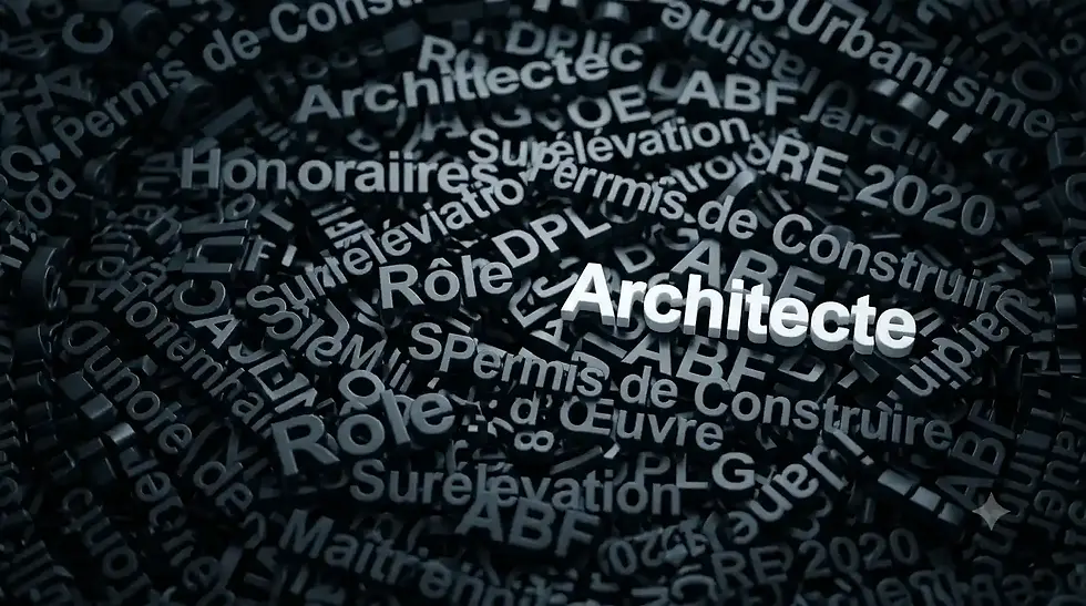 Mots en lettres de plastique gris, noir et blanc empilés en vrac dans un sac : Architecte, Rôle, Honoraires, Permis de Construire, DPLG, Urbanisme