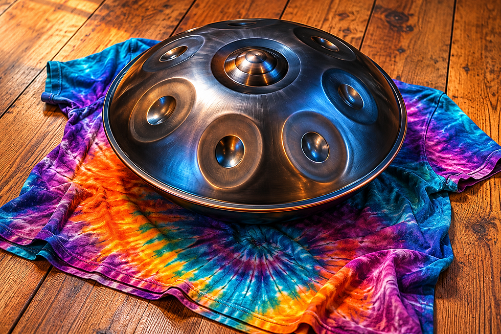 Handpan drum on a tie dyed t-shirt on a hardwood floor