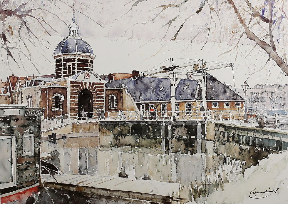 Aquarel van de Morspoort in Leiden gemaakt door Jacques Wesselius.