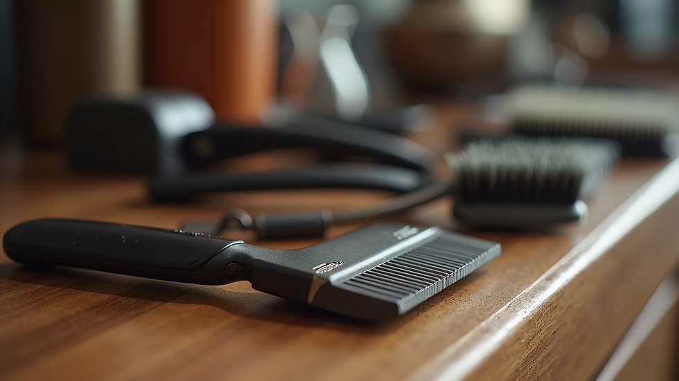Close-up view of grooming tools arranged neatly on a wooden counter