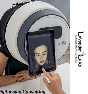 Digital skin analysis at Lavender Luxe Wellness in Tampa Florida using advanced skin consulting device to assess facial skin condition