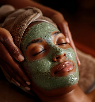 Black woman with smooth firm skin and a soft glow, relaxing in a lavender toned spa room.