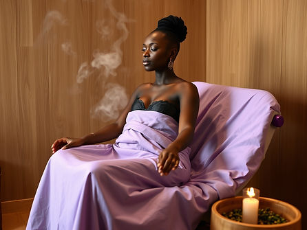 Bloom Steam Yoni Steam at Lavender Luxe Wellness in Tampa, Black woman enjoying a gentle herbal steam for relaxation and freshness.