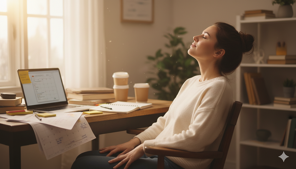 junge Frau sitzt am Schreibtisch voll Arbeit, lehnt sich zurück und schließt die Augen