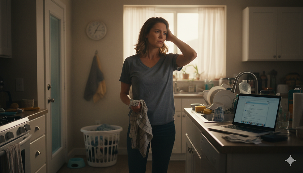 Frau steht überfordert in der Küche zwischen Laptop und Hausarbeit