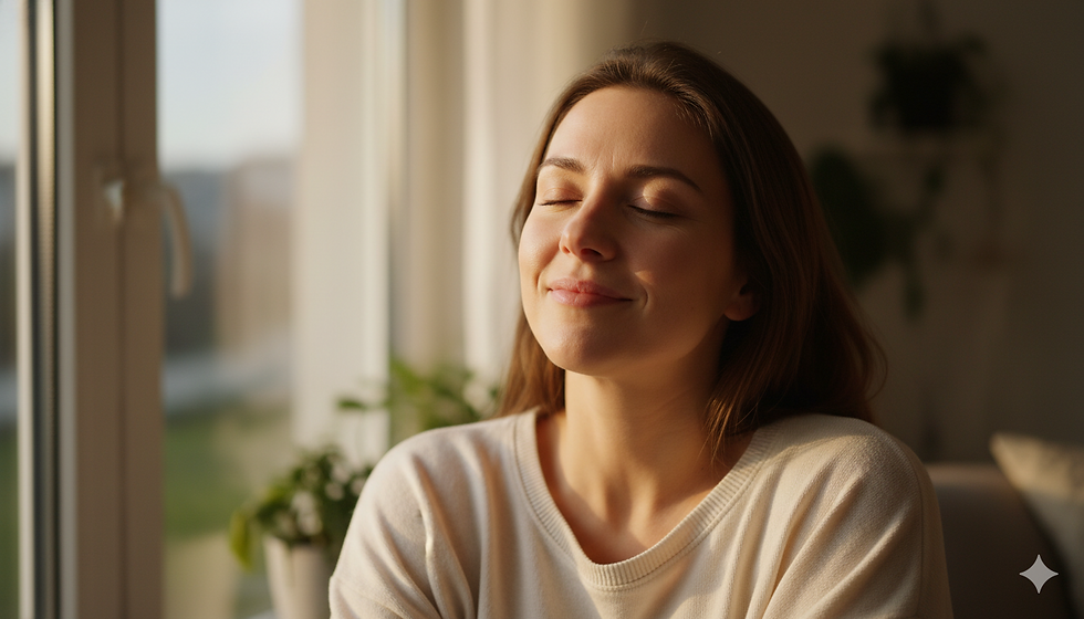 Junge Frau hat die Augen zufrieden geschlossen und lächelt am Fenster