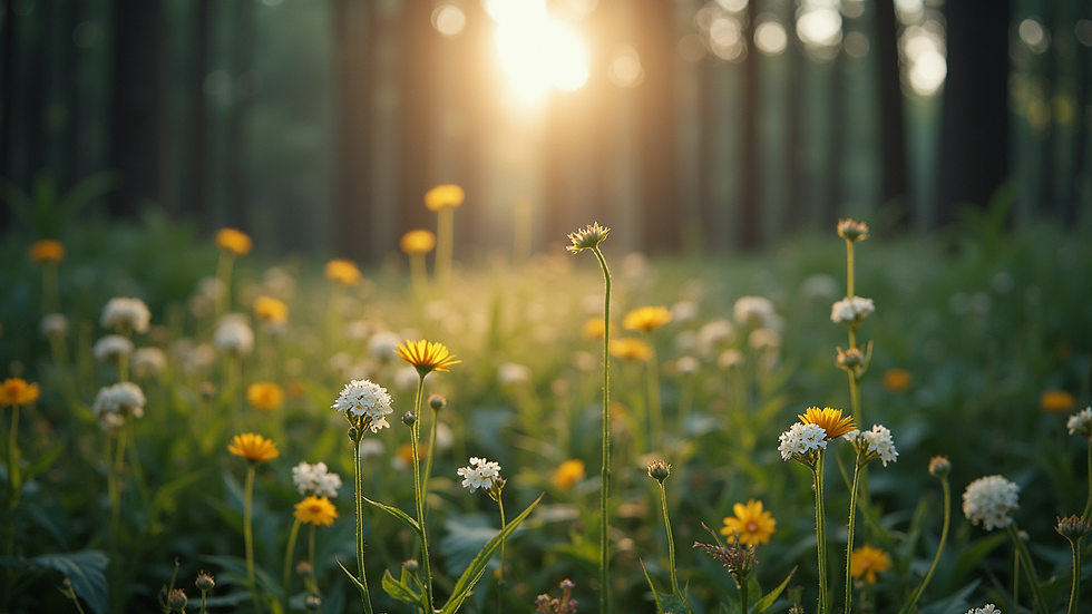 Wide-angle view of forest landscape with floral patterns