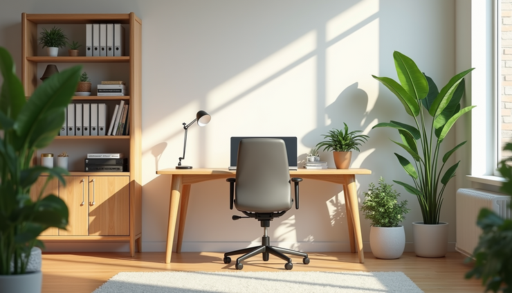Eye-level view of a bright and organized home office with a wooden desk and ergonomic chair
