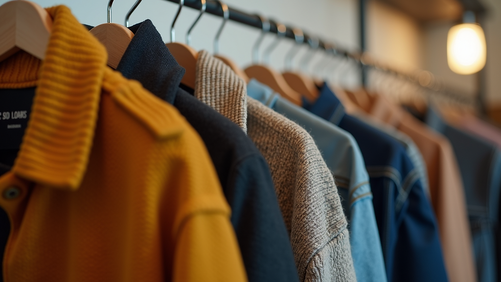 Eye-level view of clothing rack showcasing trendy apparel