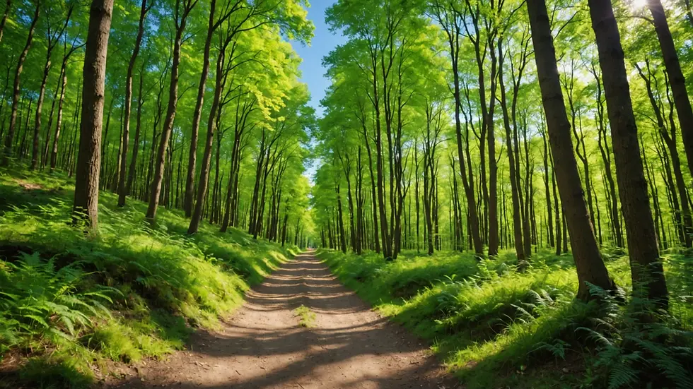 Eye-level view of a winding forest trail under a clear blue sky