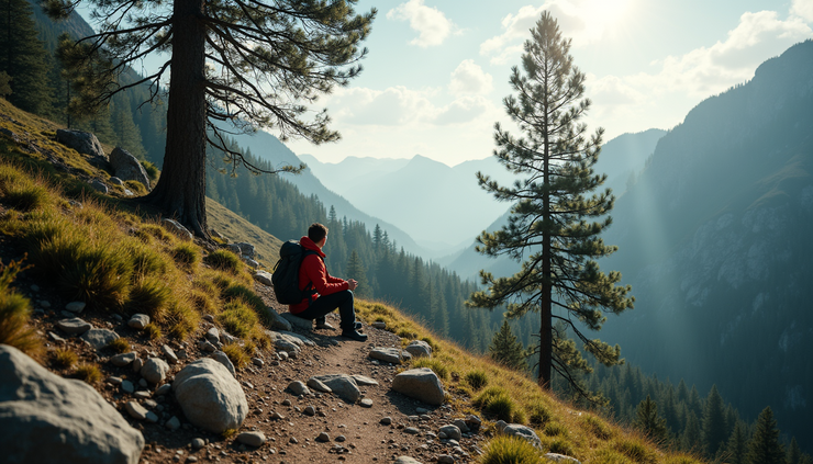Eye-level view of a hiker resting on a rocky trail with a pine tree in the background