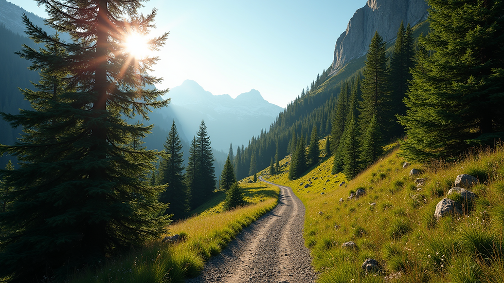 Wide angle view of a winding mountain trail surrounded by dense forest under a clear sky