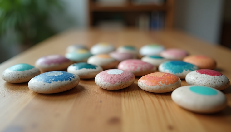 Eye-level view of painted rocks arranged on a wooden surface