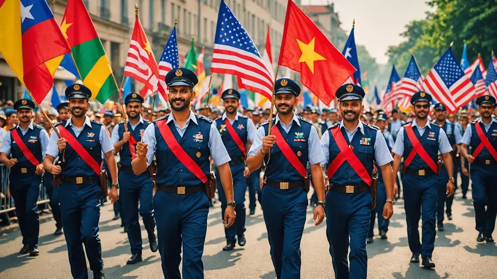 A vibrant parade celebrating Independence Day with colorful flags and happy faces