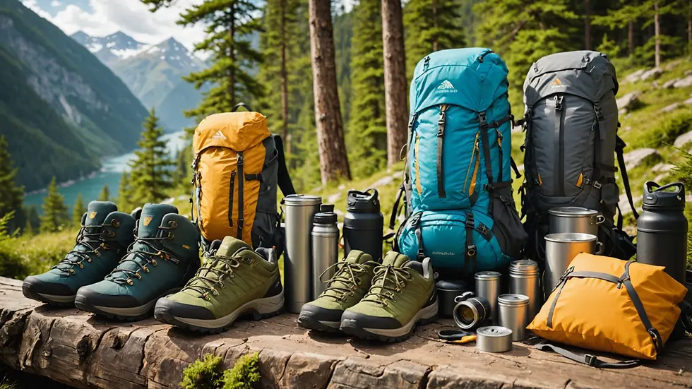 Eye-level view of vibrant eco-friendly hiking gear displayed in an outdoor setting.
