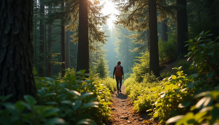 Eye-level view of a solitary hiker walking along a narrow forest trail surrounded by tall trees
