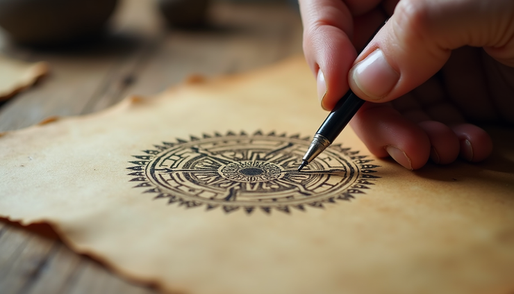 Close-up view of a hand-drawn mystical symbol on parchment paper
