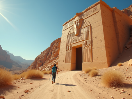 David hiking beneath the ancient symbol of Horus the Falcon, guardian of travelers
