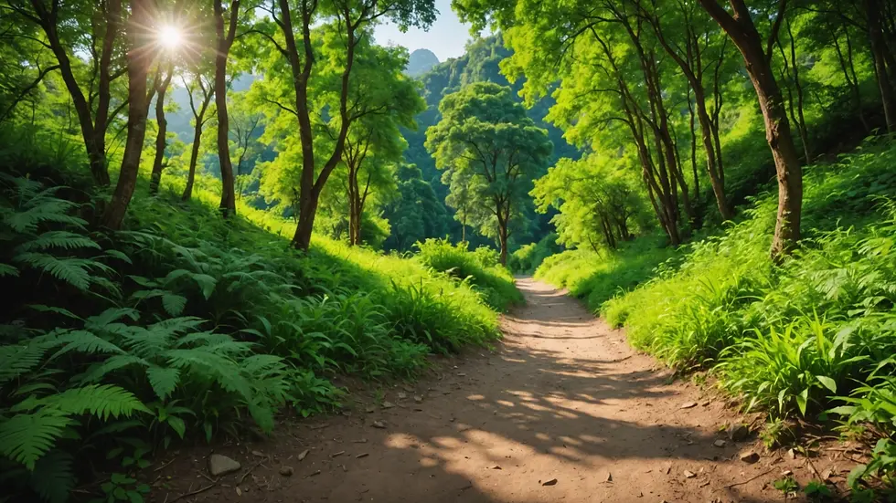 Wide angle view of a tranquil hiking trail surrounded by lush greenery