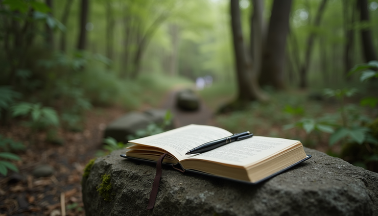 Close-up view of a journal and pen resting on a rock with a forest background
