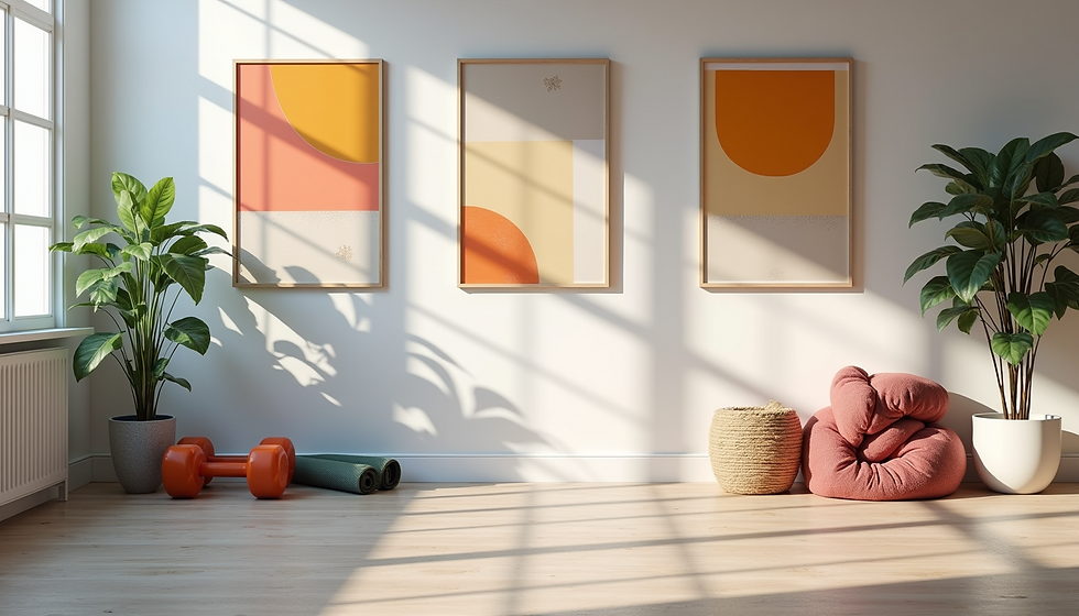 Creative workspace blending art prints and fitness gear