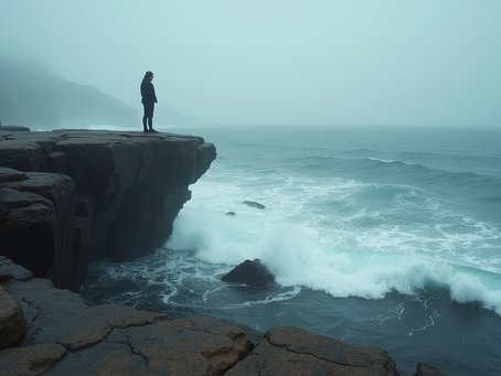 A lone figure stands on a cliff, symbolizing isolation and inner turmoil
