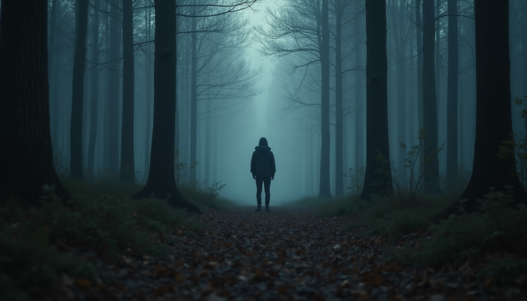 Eye-level view of a solitary figure standing at the edge of a dark forest, symbolizing inner turmoil and confrontation