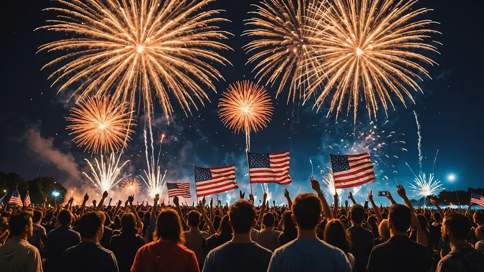 A festive gathering with fireworks in the background celebrating Independence Day