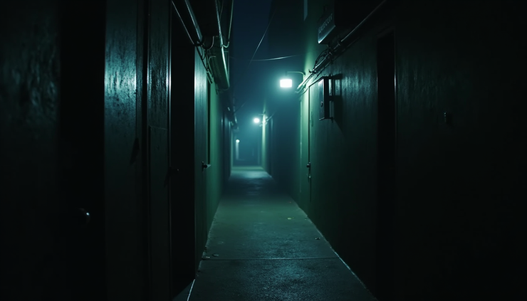 Eye-level view of a dimly lit alleyway symbolizing the shadowy nature of online conflicts