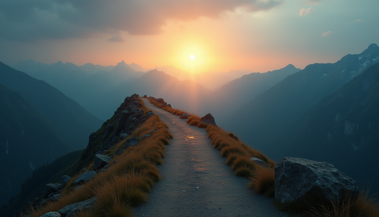 Eye-level view of a serene mountain trail with a glowing light between the eyebrows superimposed