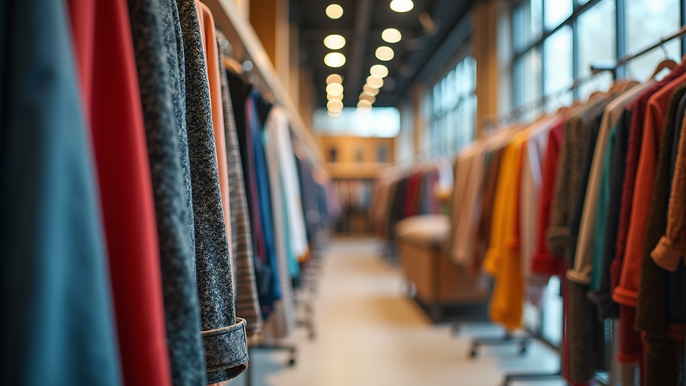 Wide angle view of a colorful apparel display in a retail setting