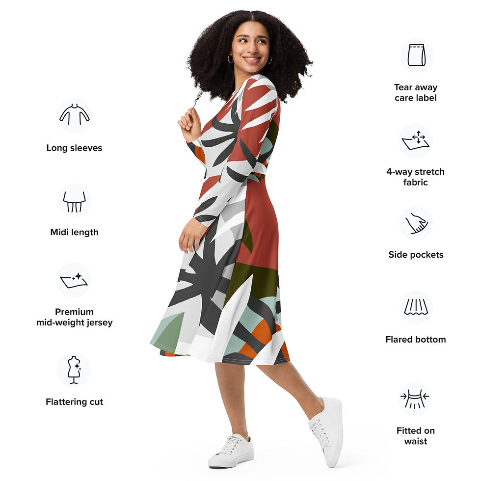 Miniaturebillede: All-over print long sleeve midi dress