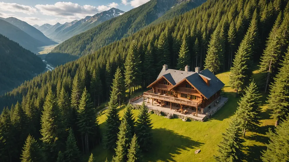 High angle view of mountain lodge surrounded by pine trees