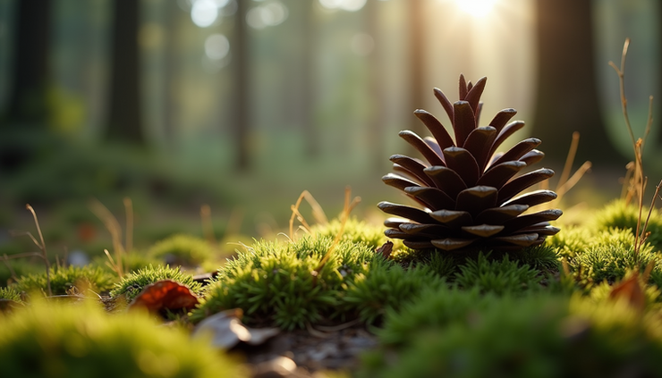 Close-up view of a pinecone resting on a mossy forest floor