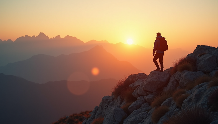 Wide angle view of a mountain peak at sunrise with a solitary hiker standing on the ridge