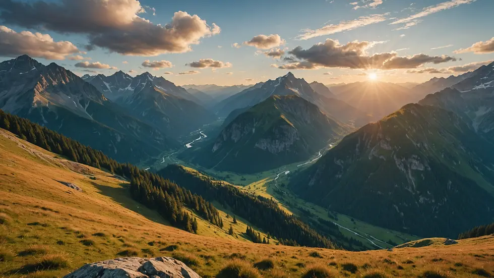 Wide angle view of a serene mountain landscape