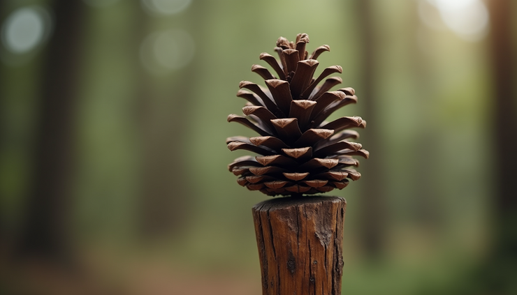 Eye-level view of a pinecone resting on a wooden staff