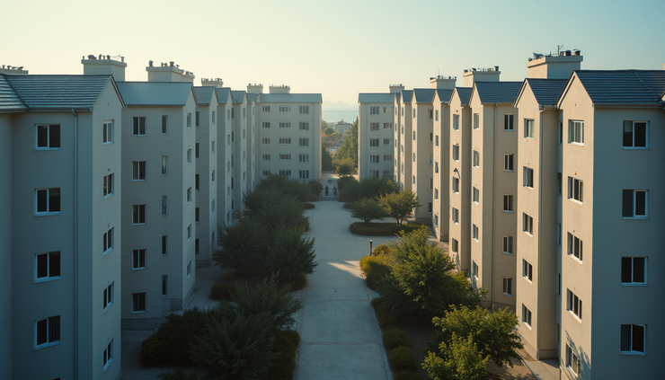 High angle view of a newly built affordable housing complex