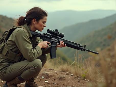 Young female guerrilla fighter ready for combat in rugged terrain