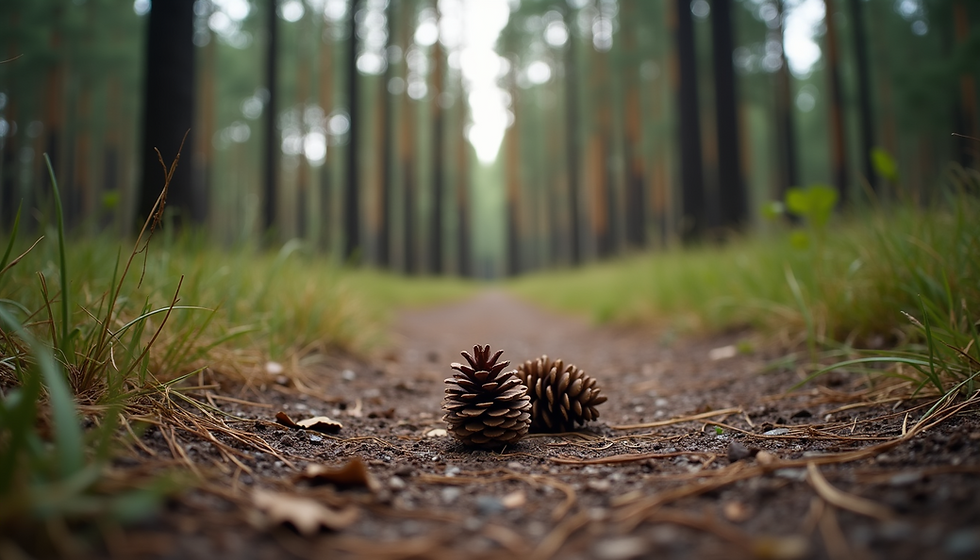 A quiet forest trail showing signs of natural life and human presence