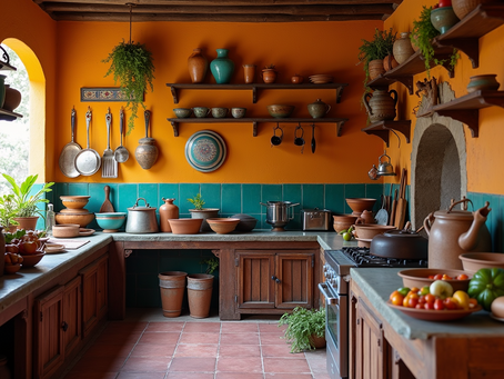 Traditional Mexican kitchen with vibrant pottery and fresh ingredients