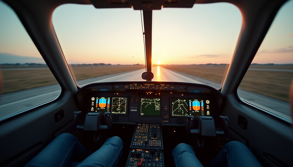 Commercial pilot cockpit ready for takeoff